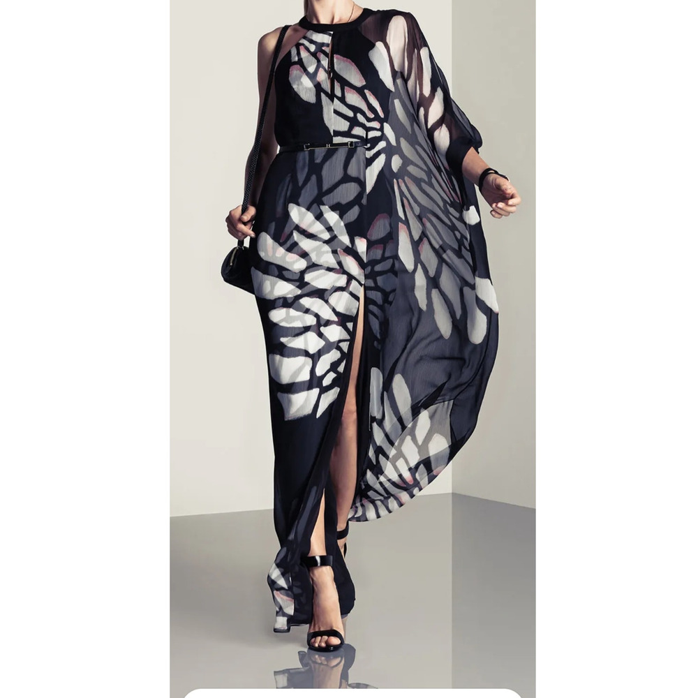 NWT Halston Heritage Sz 2 Asymmetrical Overlay Winged $595 Formal Maxi Dress